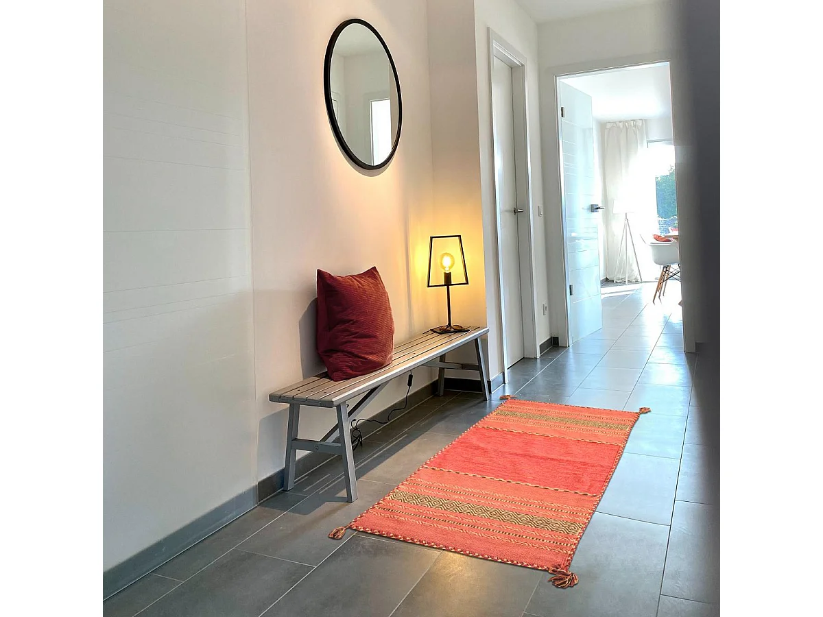 Tapis kilim 200x290 rectangle fait main en coton rouge et beige