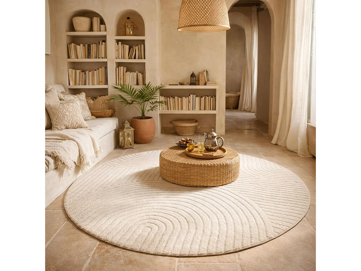 tappeto da soggiorno Ø200cm tessuto color crema rotondo modello semplice LYN9 CERNAN