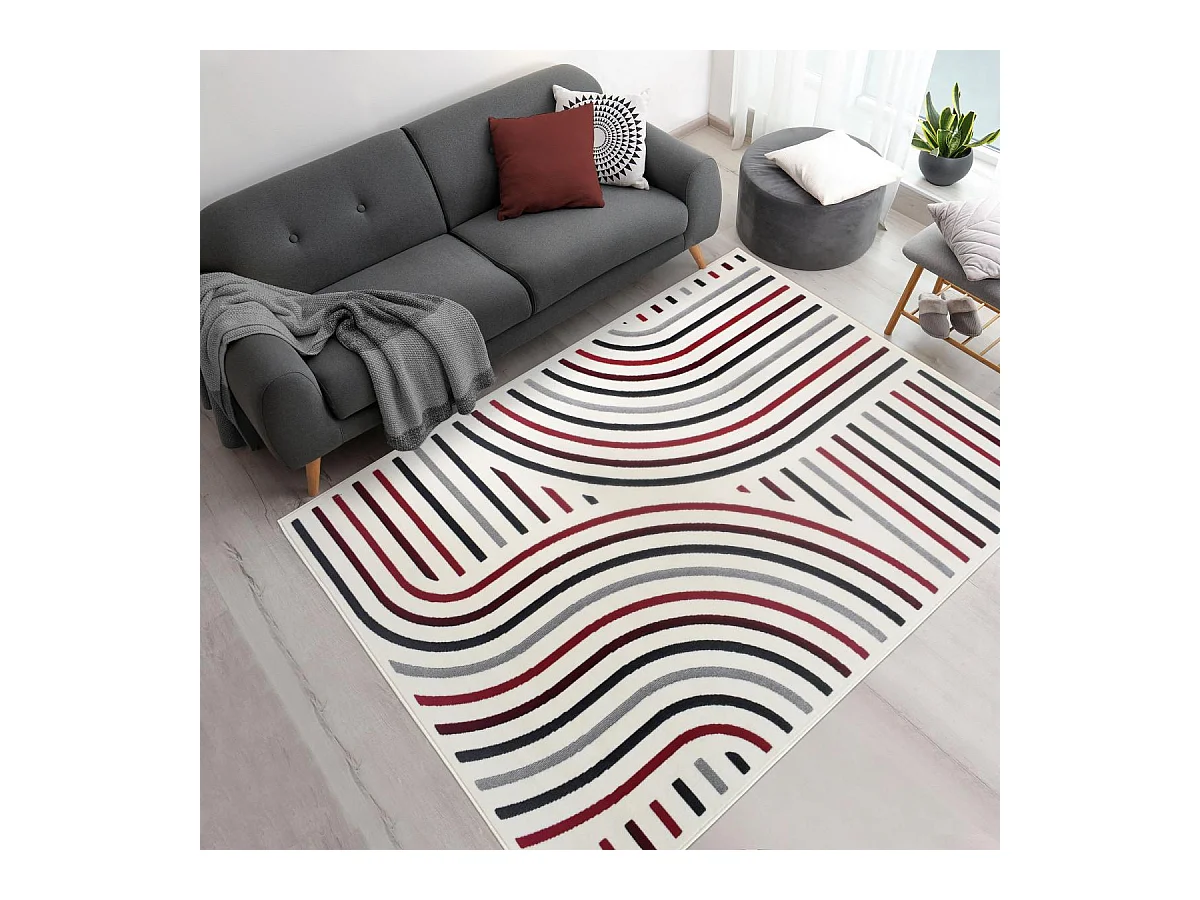 tapis salon 120x170 tissé rouge et crème rectangle motif géométrique AF2 MUCOUR