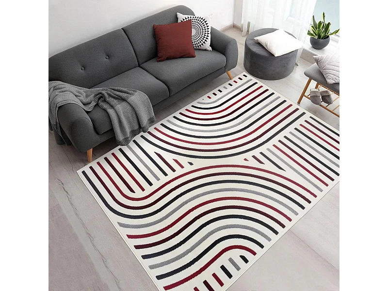 tapis salon 120x170 tissé rouge et crème rectangle motif géométrique LYN49 MUCOUR