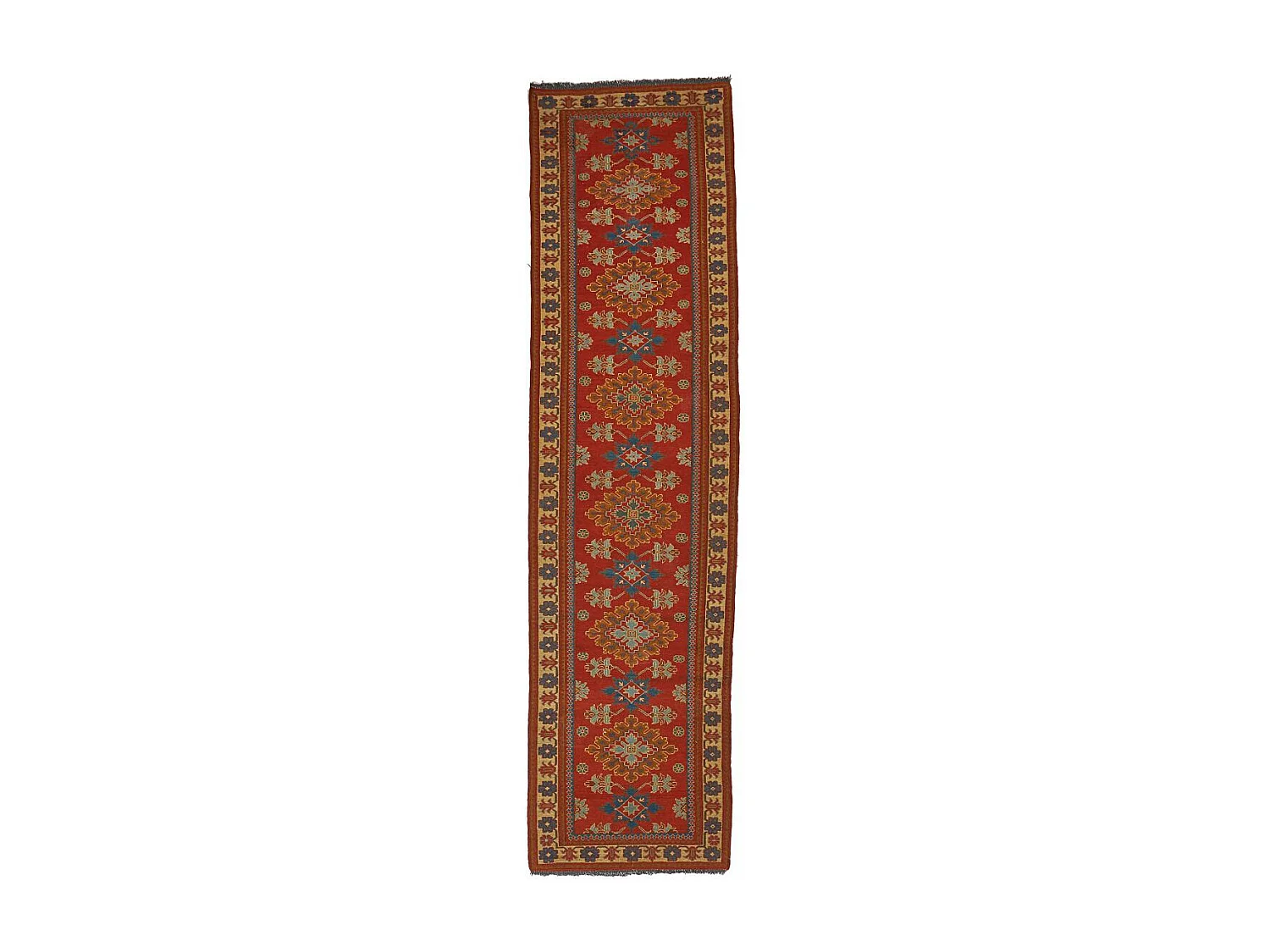 Authentique tapis d'Orient 87x311 fait main en laine rouge et beige SOUMAK