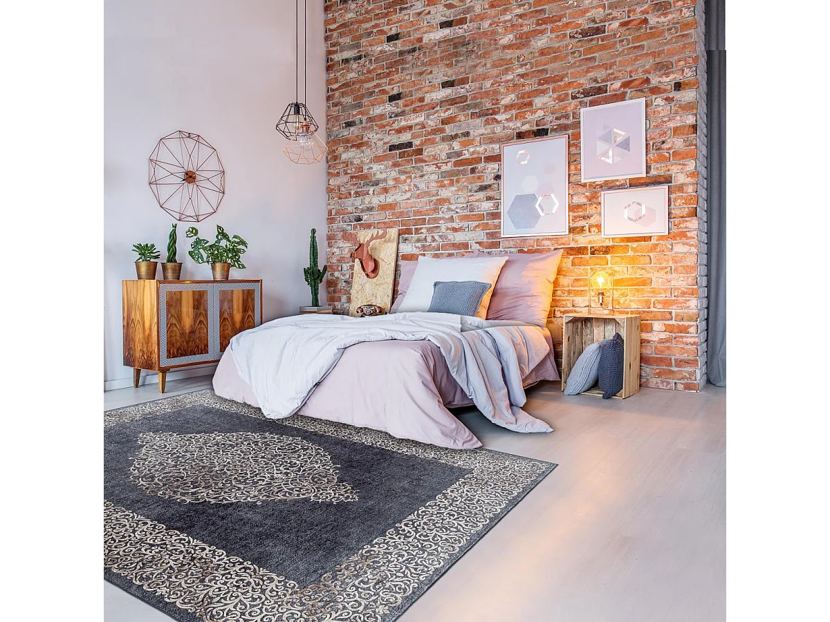 Tappeto orientale 160x230 rettangolo nero intrecciato con motivi orientali AKIEK