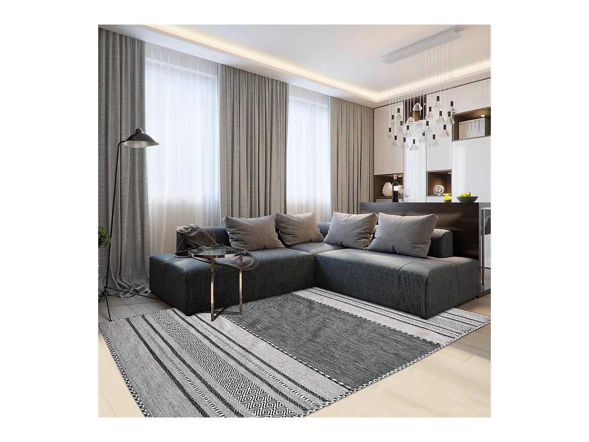 Tapis kilim 160x230 rectangle fait main en coton gris et noir motif ethnique