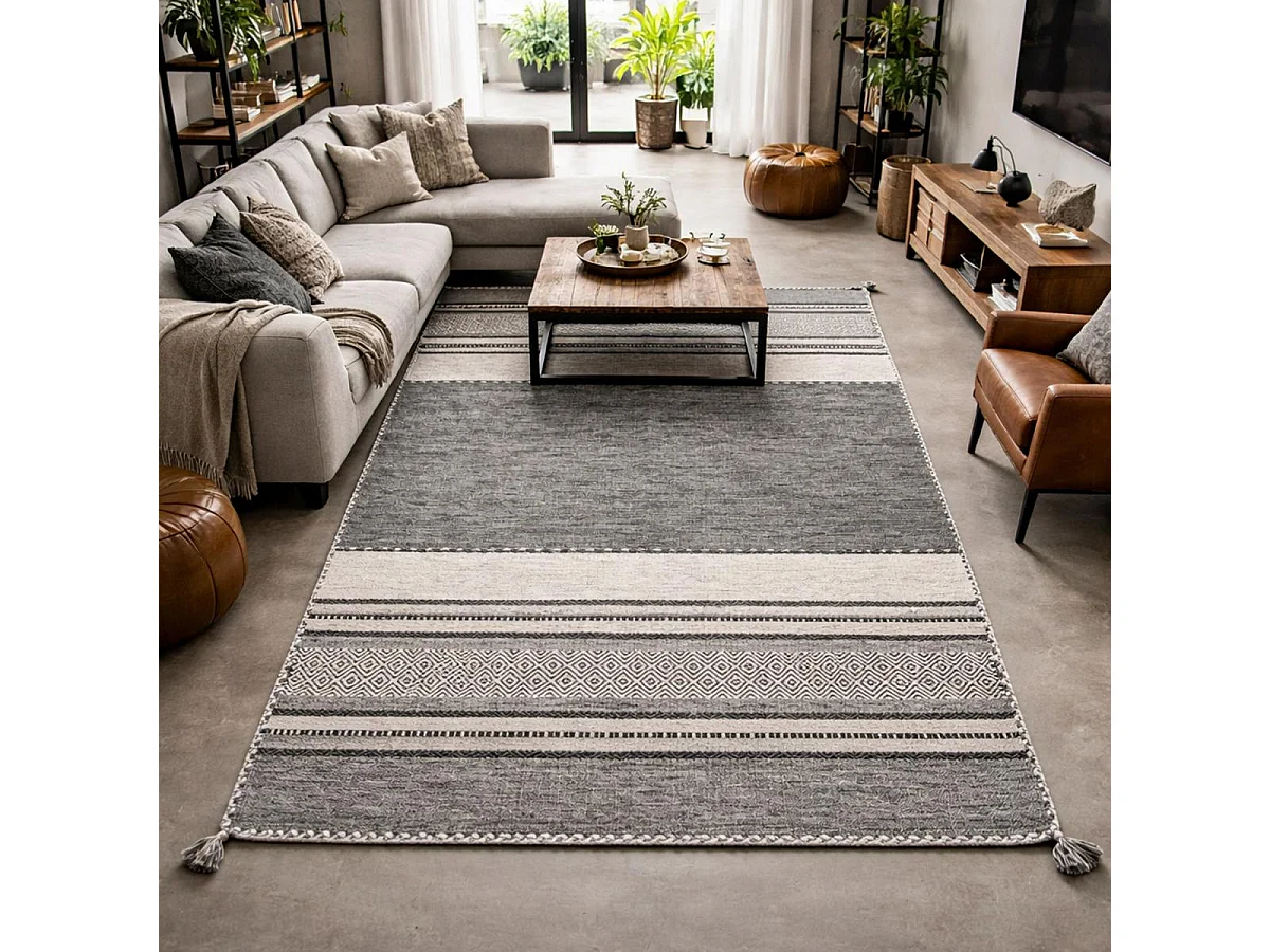 Tapis kilim 160x230 rectangle fait main en coton gris et noir motif ethnique