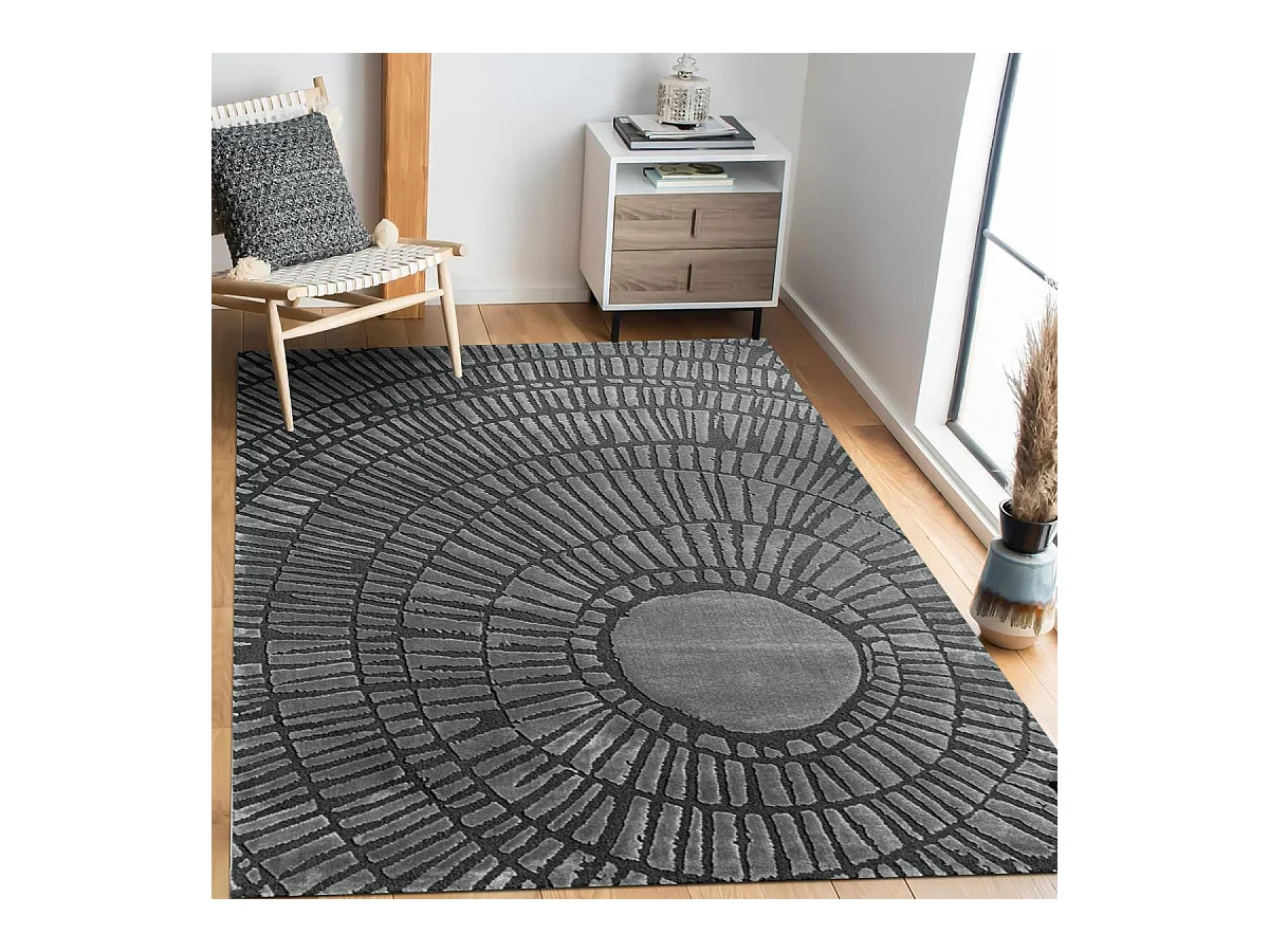 tapis chambre 160x230 tissé gris et noir rectangle motif géométrique TOSCANA