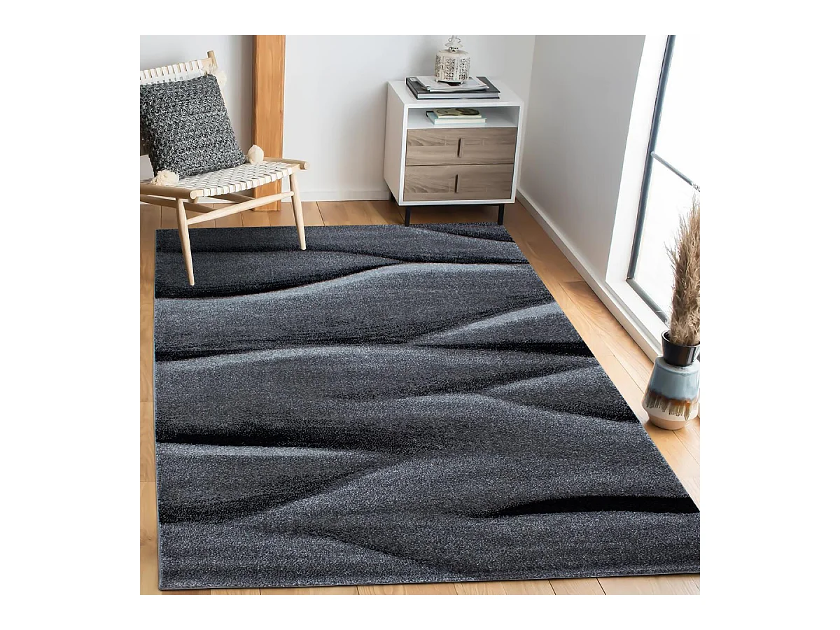 tapis entrée 80x150 tissé noir rectangle motif géométrique KARLAK