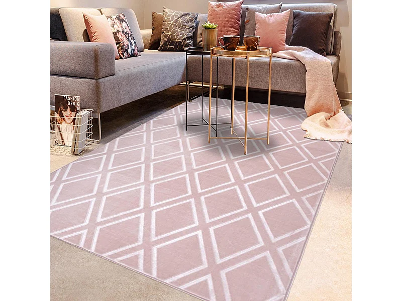 tapis couloir 80x300 tufté rose rectangle motif géométrique NOKAL 1