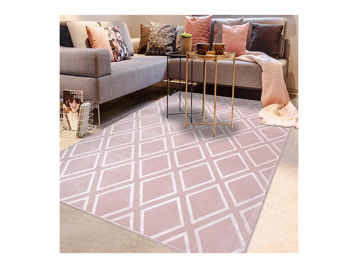 tapis couloir 80x300 tufté rose rectangle motif géométrique NOKAL 1