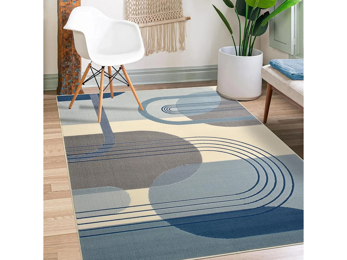 tapis chambre 80x150 tissé bleu et crème rectangle motif rétro-vintage LYN49 COURBLA