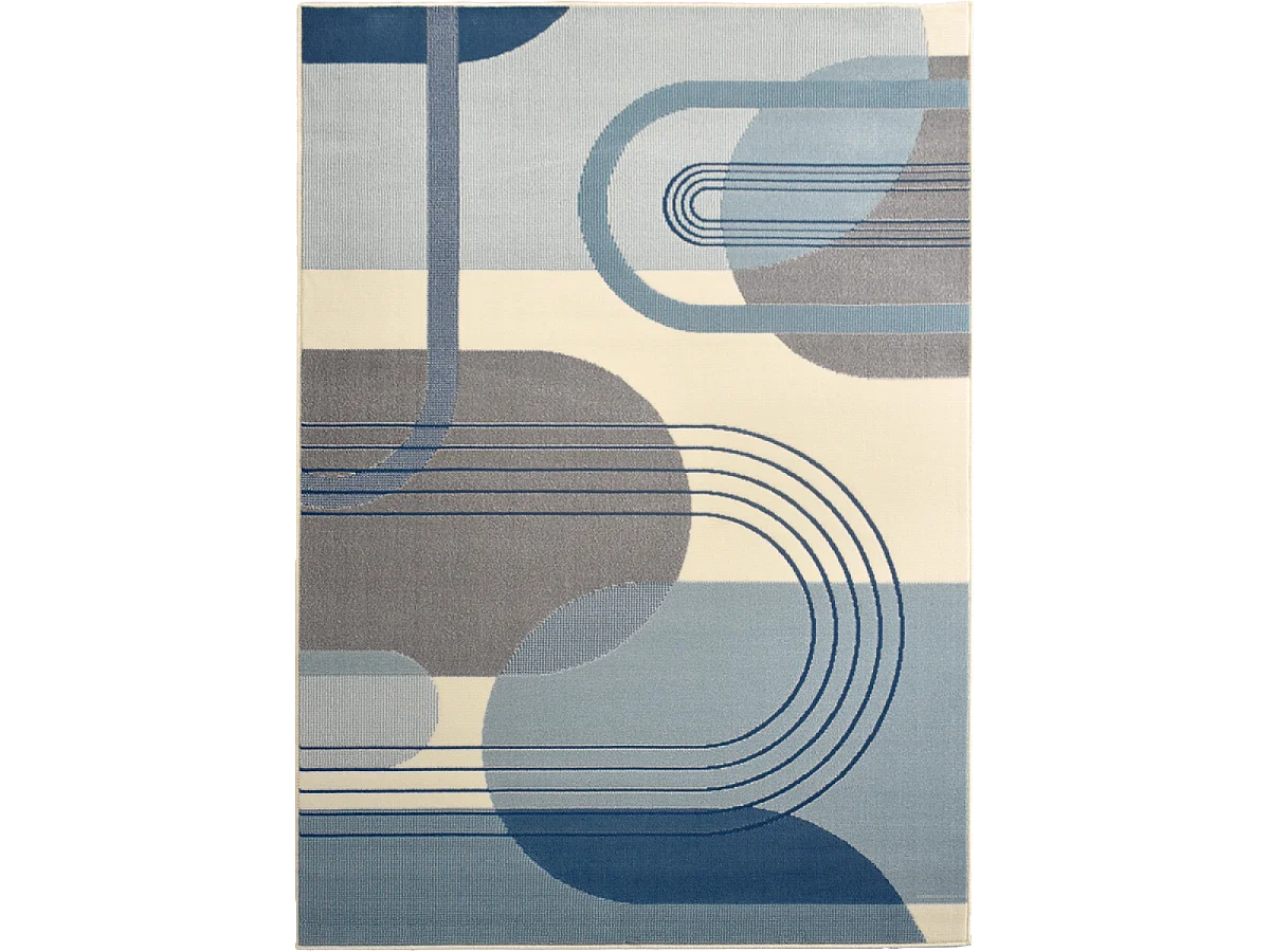 tapis chambre 80x150 tissé bleu et crème rectangle motif rétro-vintage LYN49 COURBLA