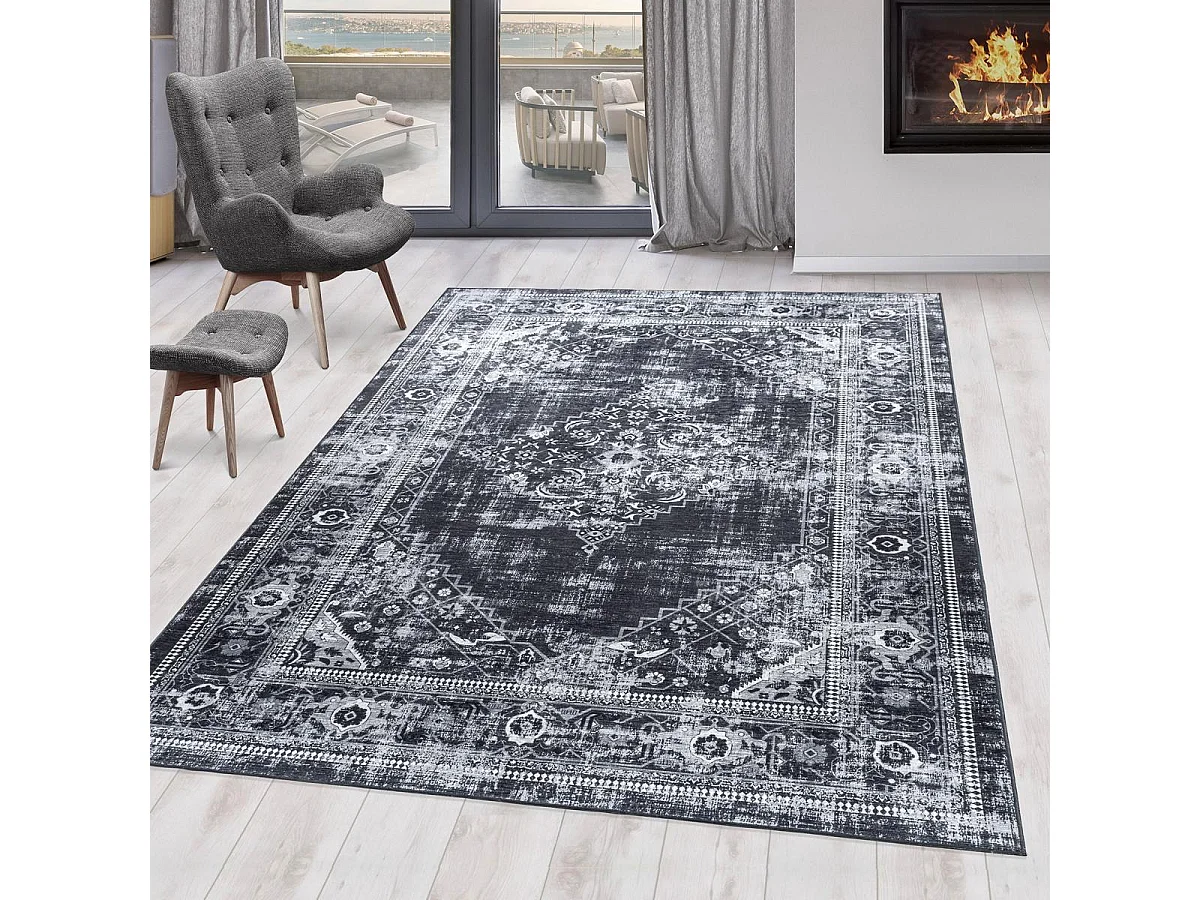 Tapis orient 200x290 rectangle noir tissé motifs orientaux AKIAK