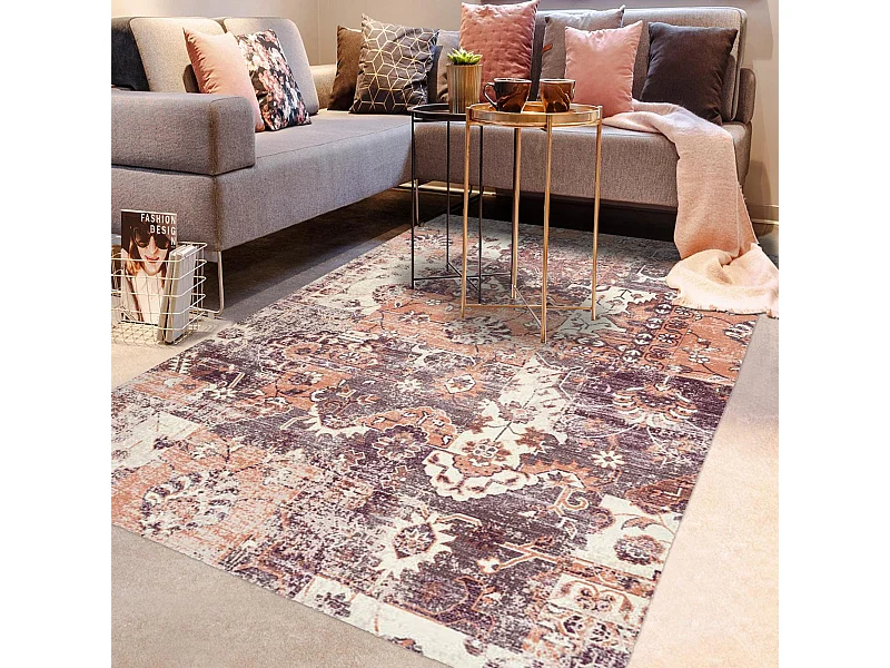 tapis chambre 120x170 tissé en coton rose et blanc rectangle DANDING