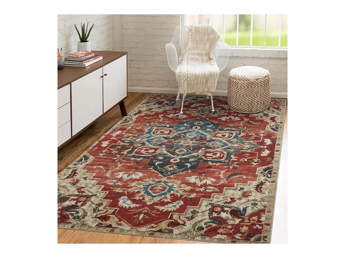 Tapis orient 200x290 rectangle rouge et beige tissé motif classique MEDA B