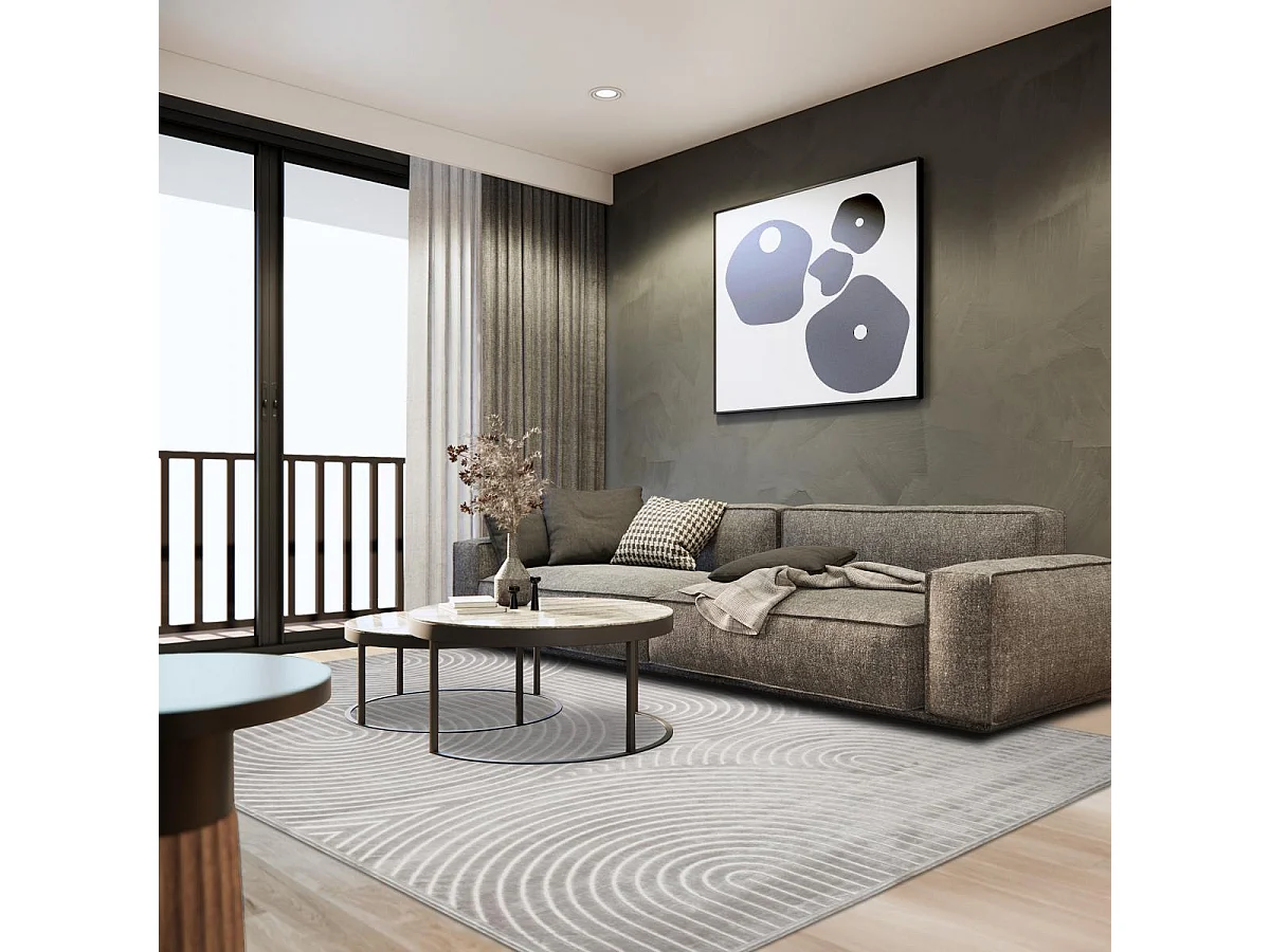 tapis salon 200x290 tissé en viscose taupe et crème rectangle motif abstrait OLAN