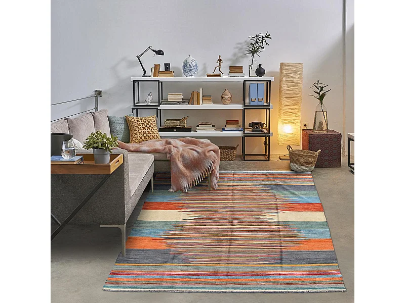 Tapis kilim 203x295 rectangle fait main en laine multicolore motif oriental