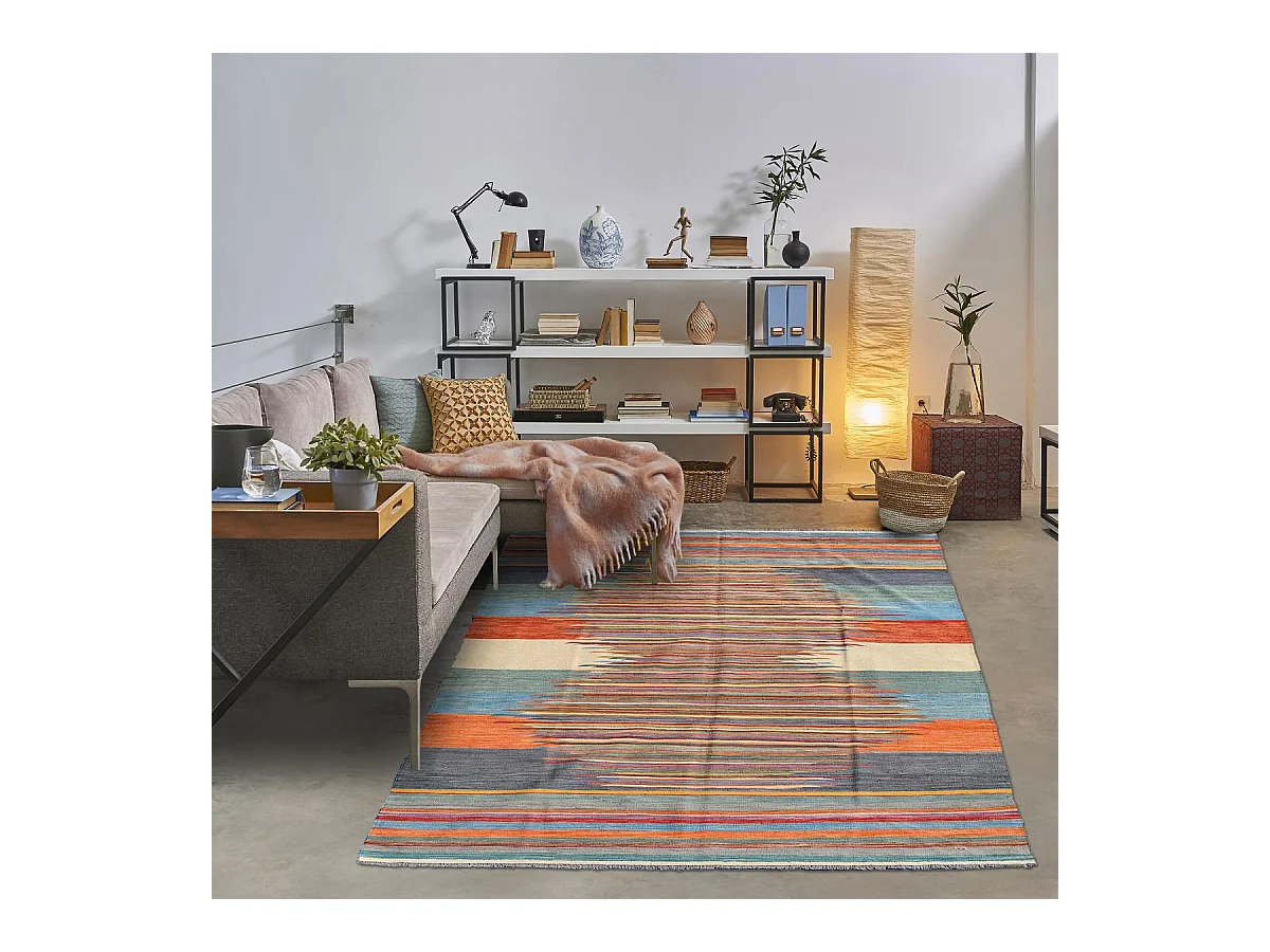 Tapis kilim 203x295 rectangle fait main en laine multicolore motif oriental
