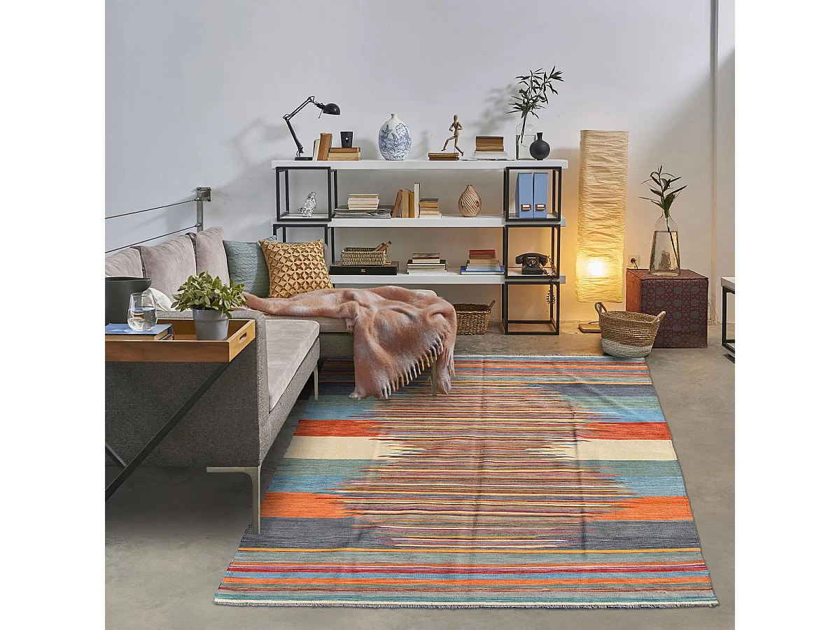 Tapis kilim 203x295 rectangle fait main en laine multicolore motif oriental