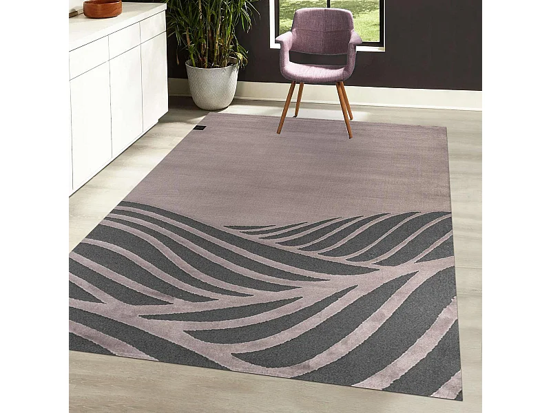 tapis salon 190x290 tissé rose et gris rectangle motif géométrique PALM