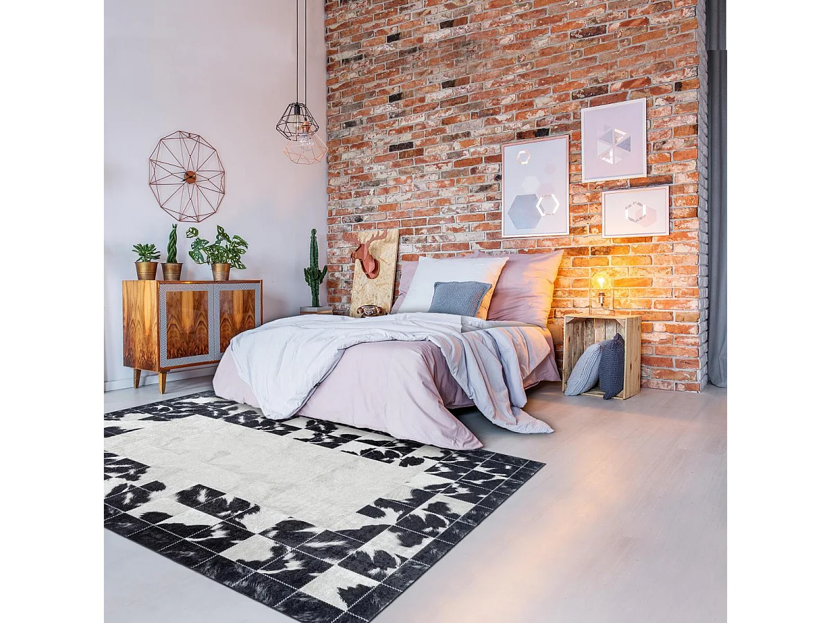 tapis grand salon 200x290 tissé noir et crème rectangle motif fresque NOATAK