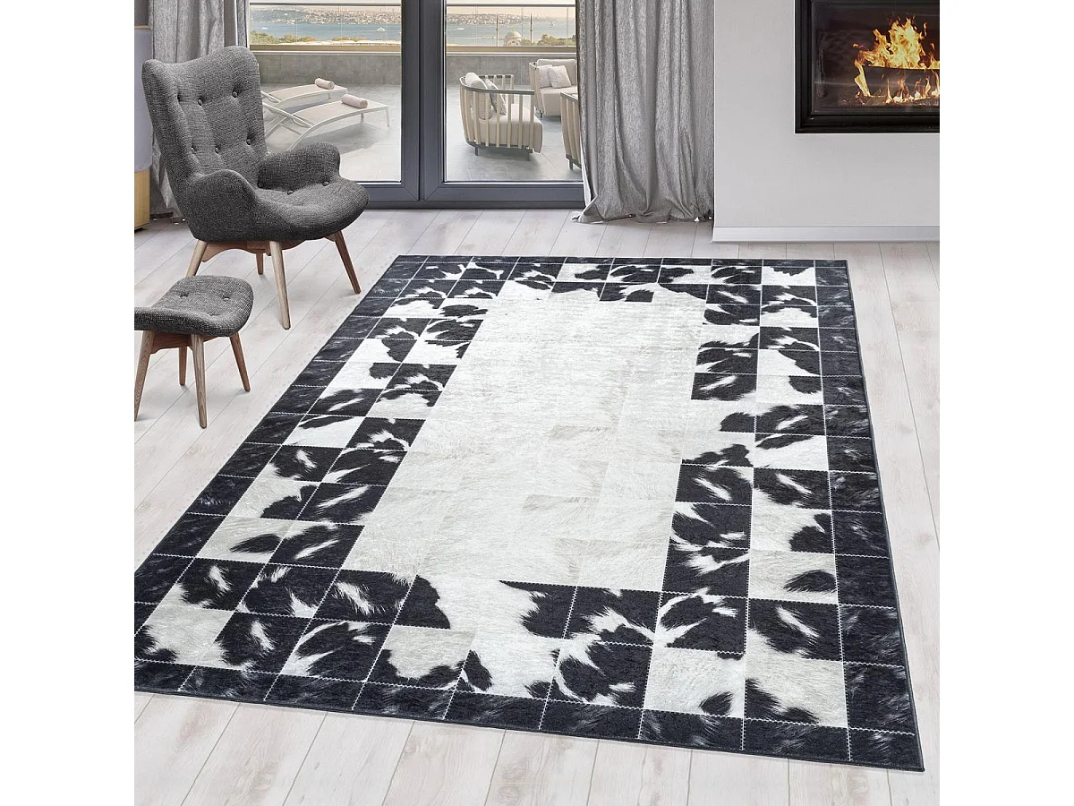 tapis grand salon 200x290 tissé noir et crème rectangle motif fresque NOATAK