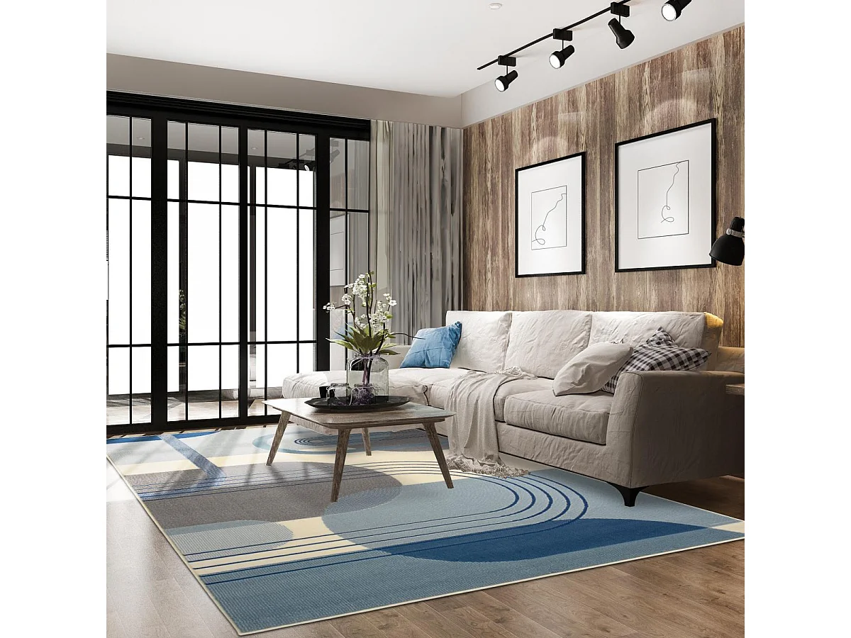 tapis salon 200x290 tissé bleu et crème rectangle motif rétro-vintage LYN49 COURBLA