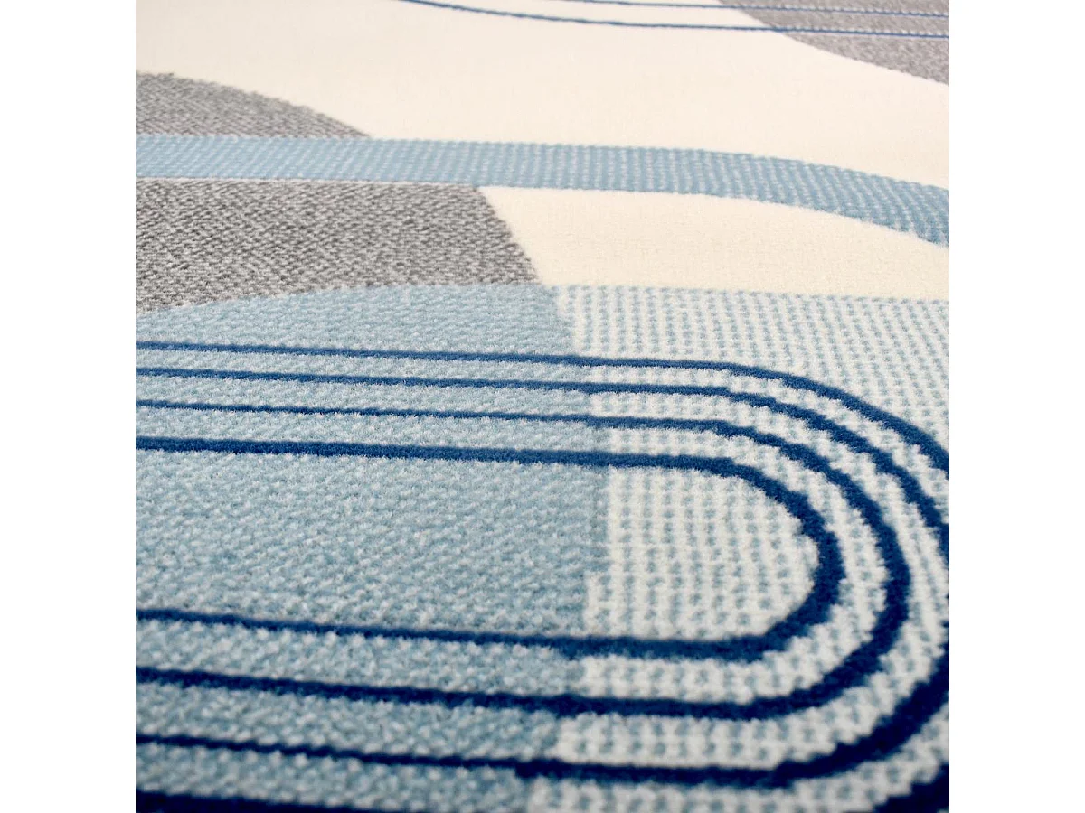 tapis salon 200x290 tissé bleu et crème rectangle motif rétro-vintage LYN49 COURBLA