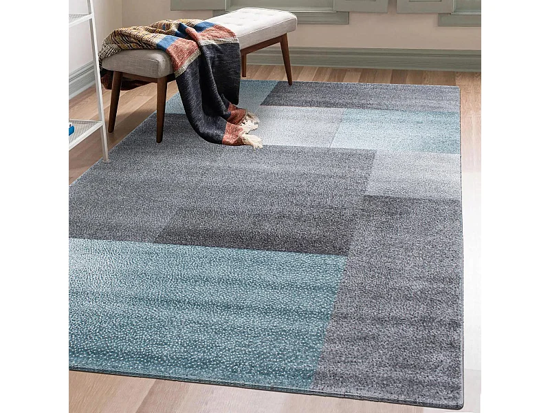tapis entrée 80x150 tissé bleu et gris rectangle motif géométrique KARLUK