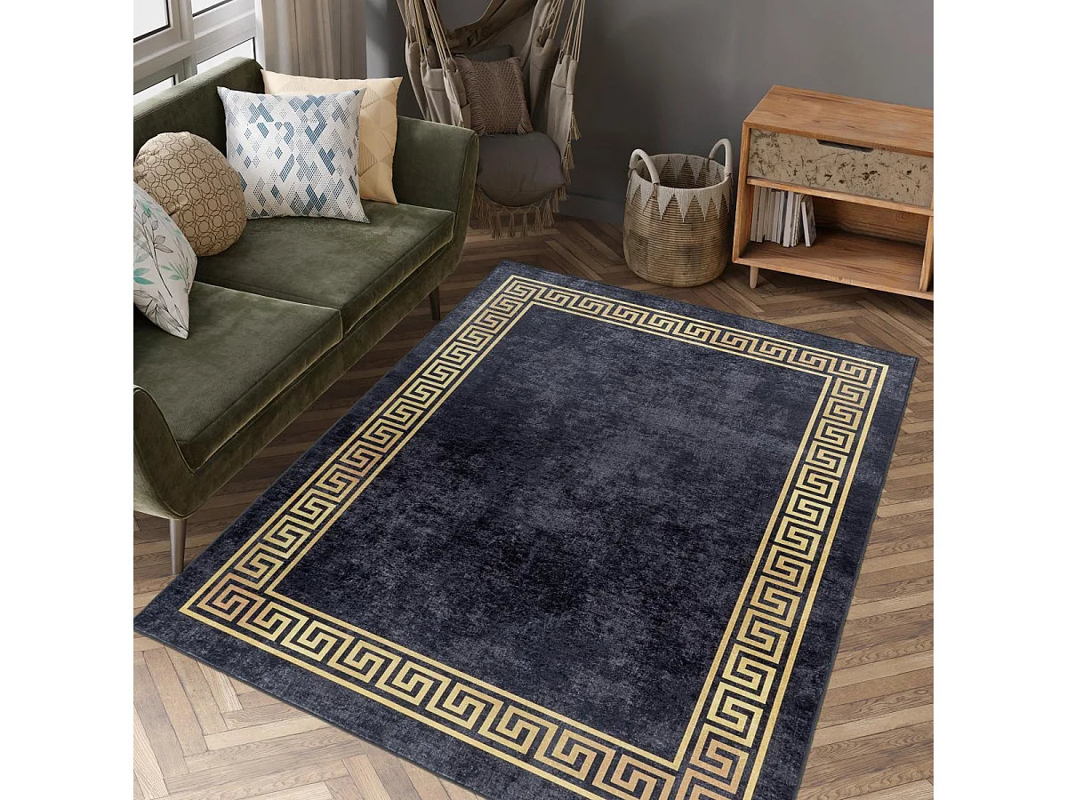 Tapis orient 160x230 rectangle noir et beige tissé motifs orientaux HUSLIA