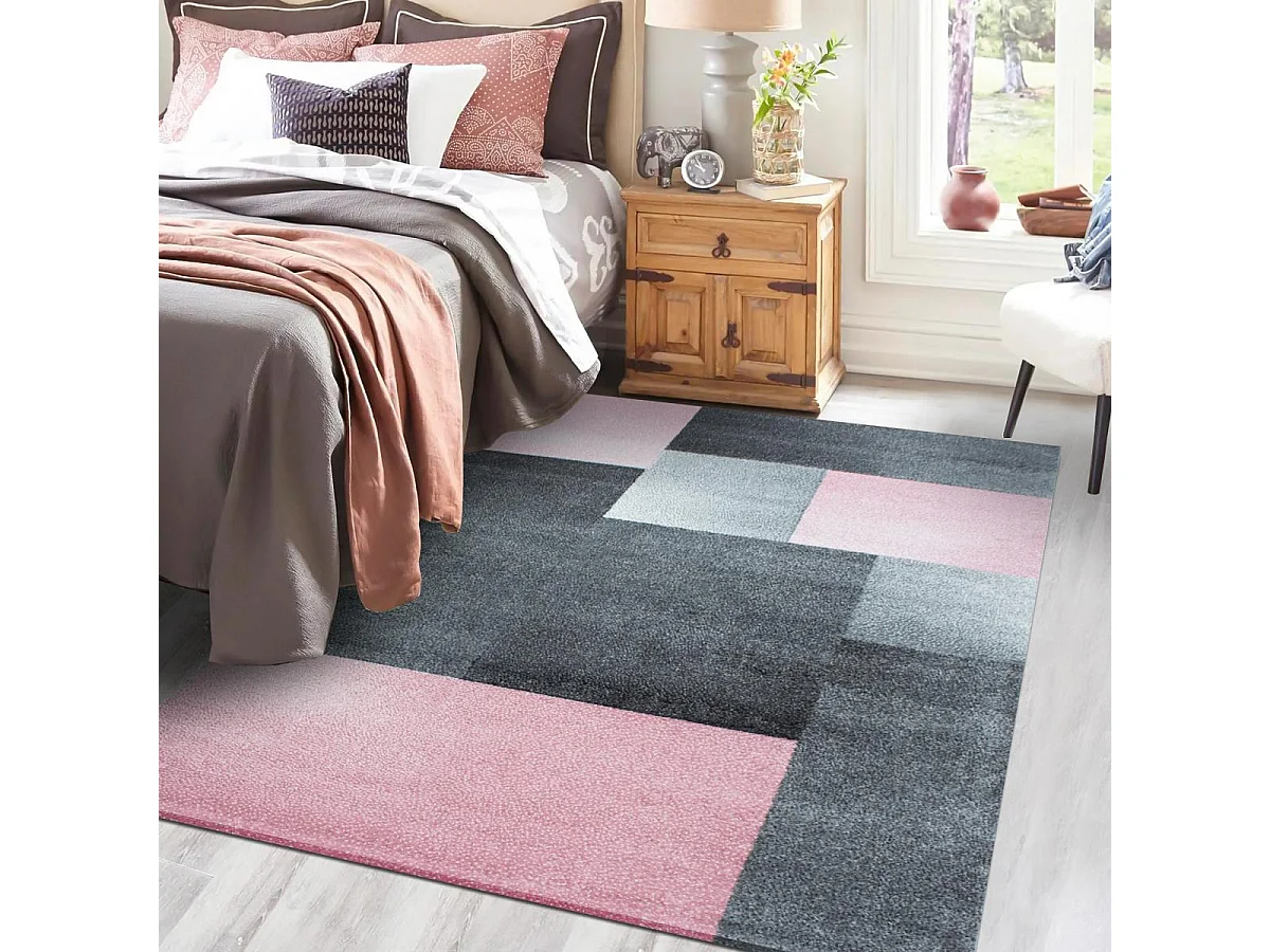 tapis salon 200x290 tissé rose et gris rectangle motif géométrique KARLUK