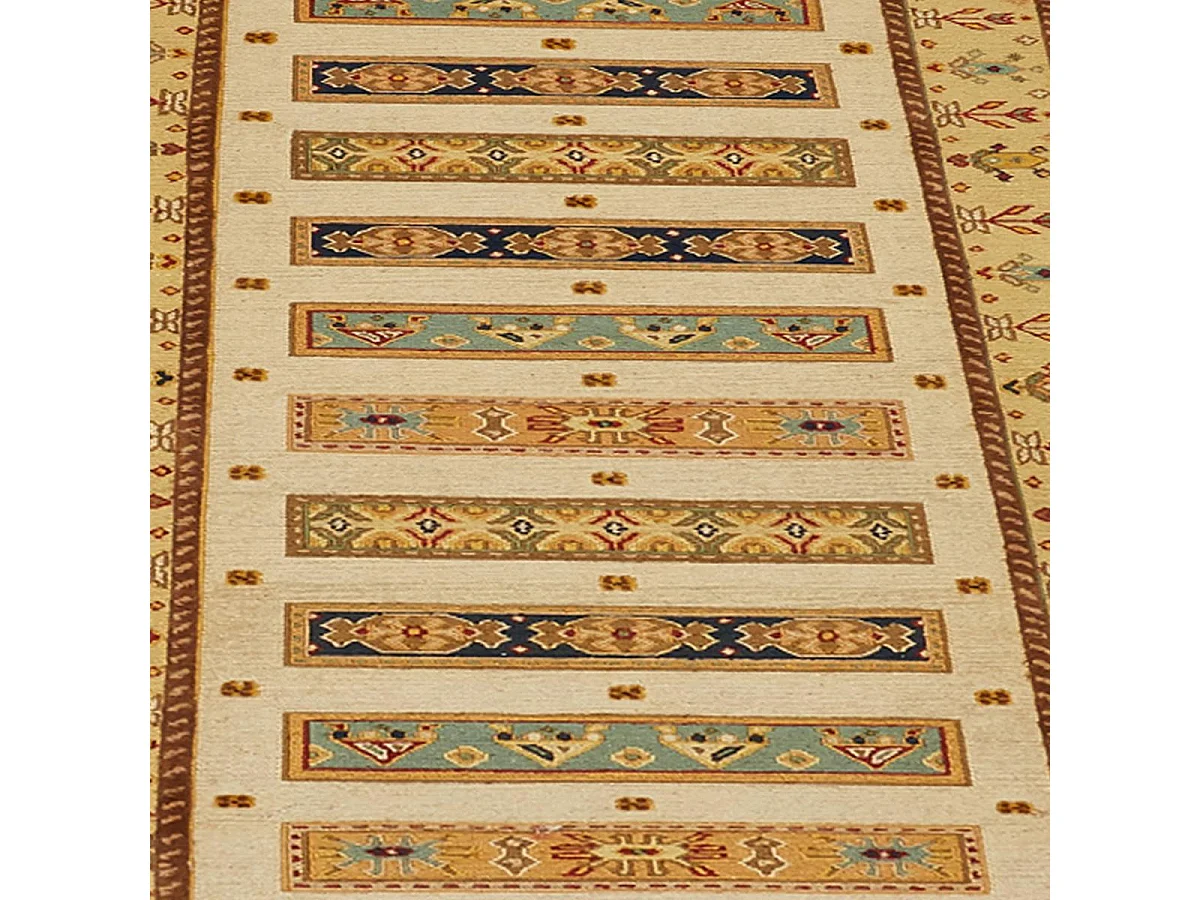 Authentique tapis d'Orient 77x290 fait main en laine jaune et vert SAMALAKA