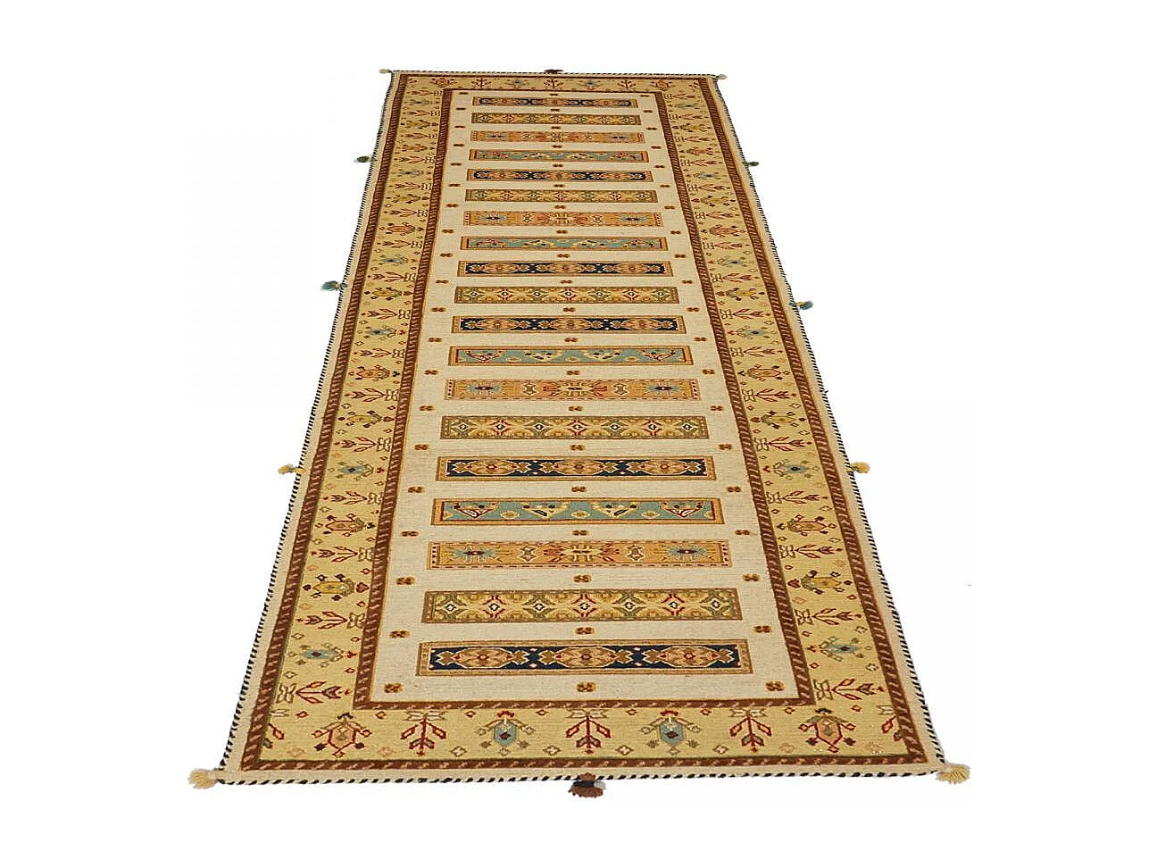 Authentique tapis d'Orient 77x290 fait main en laine jaune et vert SAMALAKA