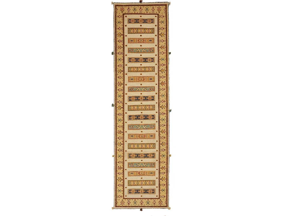 Authentique tapis d'Orient 77x290 fait main en laine jaune et vert SAMALAKA