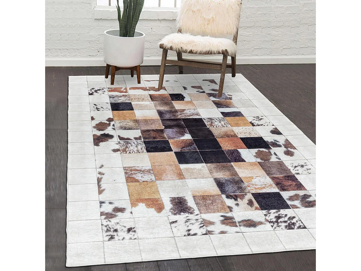 tapis chambre 120x170 tissé crème et noir rectangle motif animaux HUSLIO