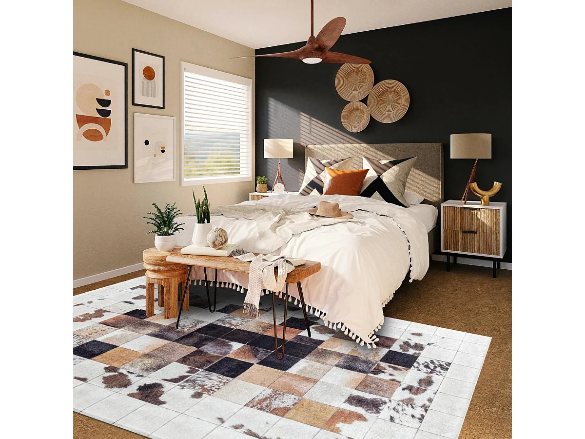 tappeto per camera da letto 120x170 tessuto rettangolare color crema e nero con motivo animalier HUSLIO