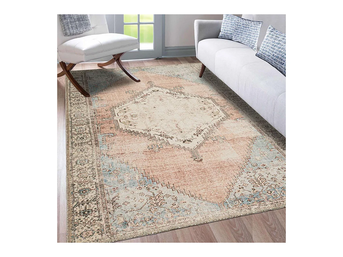 Tapis orient 160x230 rectangle bleu et beige tissé motif classique ORTAGE C