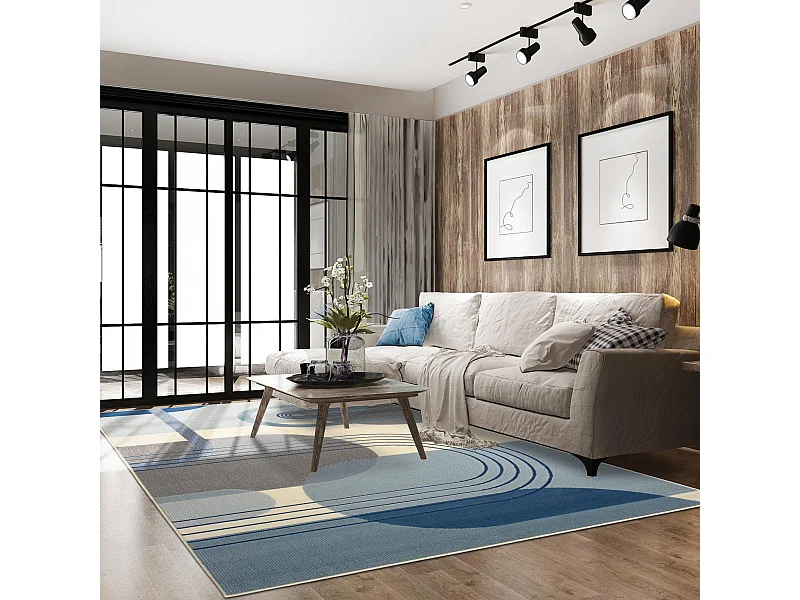 tapis salon 120x170 tissé bleu et crème rectangle motif rétro-vintage AF2 COURBLA