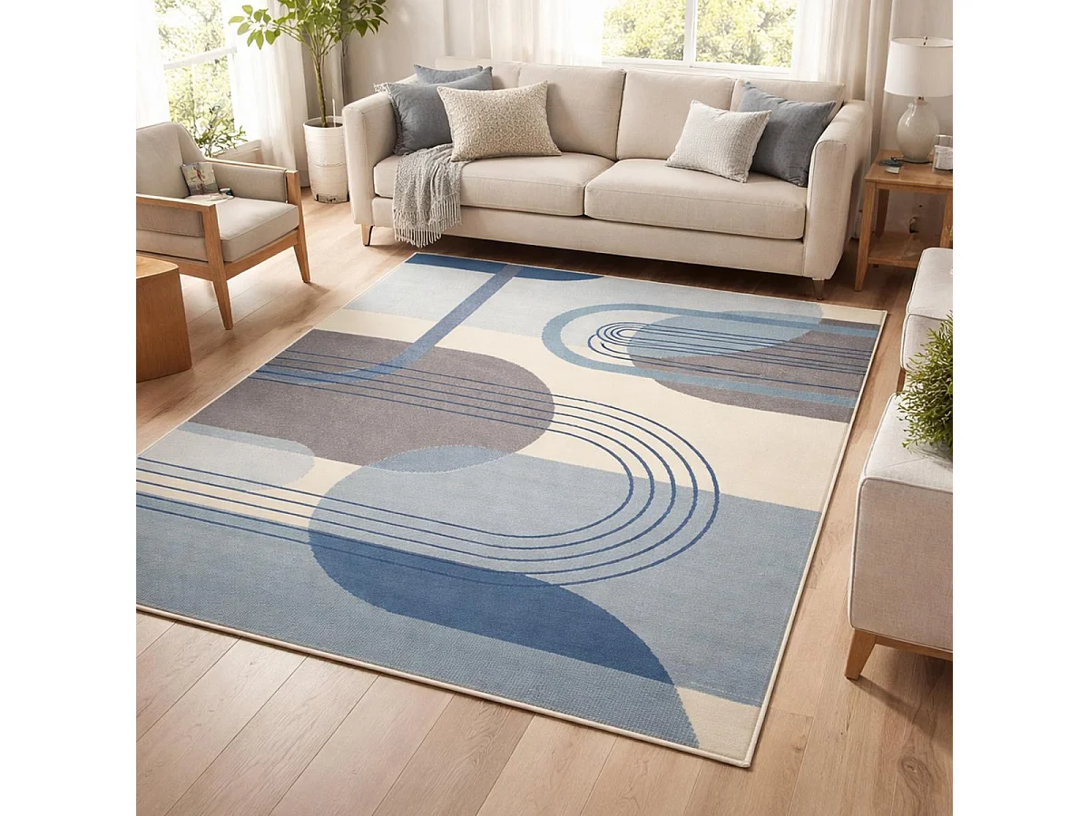 tapis salon 120x170 tissé bleu et crème rectangle motif rétro-vintage LYN49 COURBLA