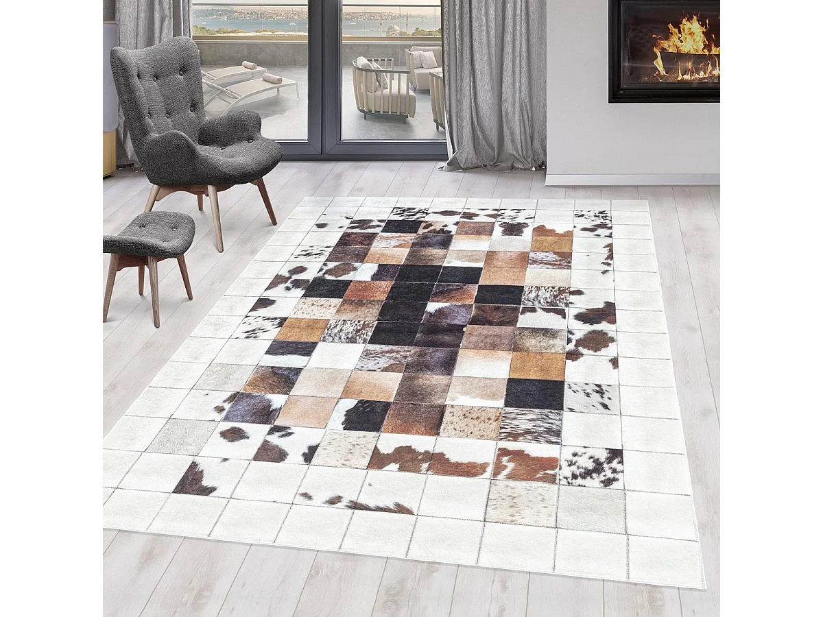 tapis entrée 80x150 tissé crème et noir rectangle motif animaux HUSLIO