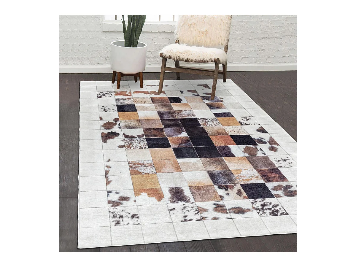 tapis entrée 80x150 tissé crème et noir rectangle motif animaux HUSLIO