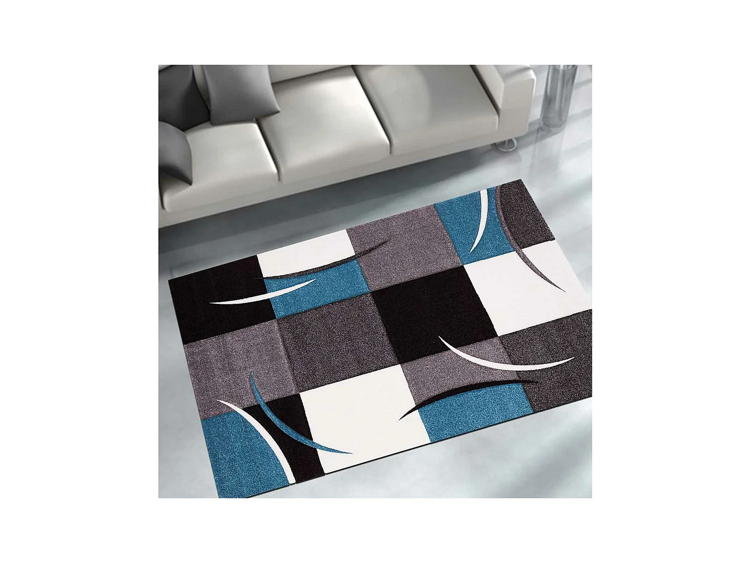tapis salon 140x140 tissé bleu carré motif damier LYN8 COMMA