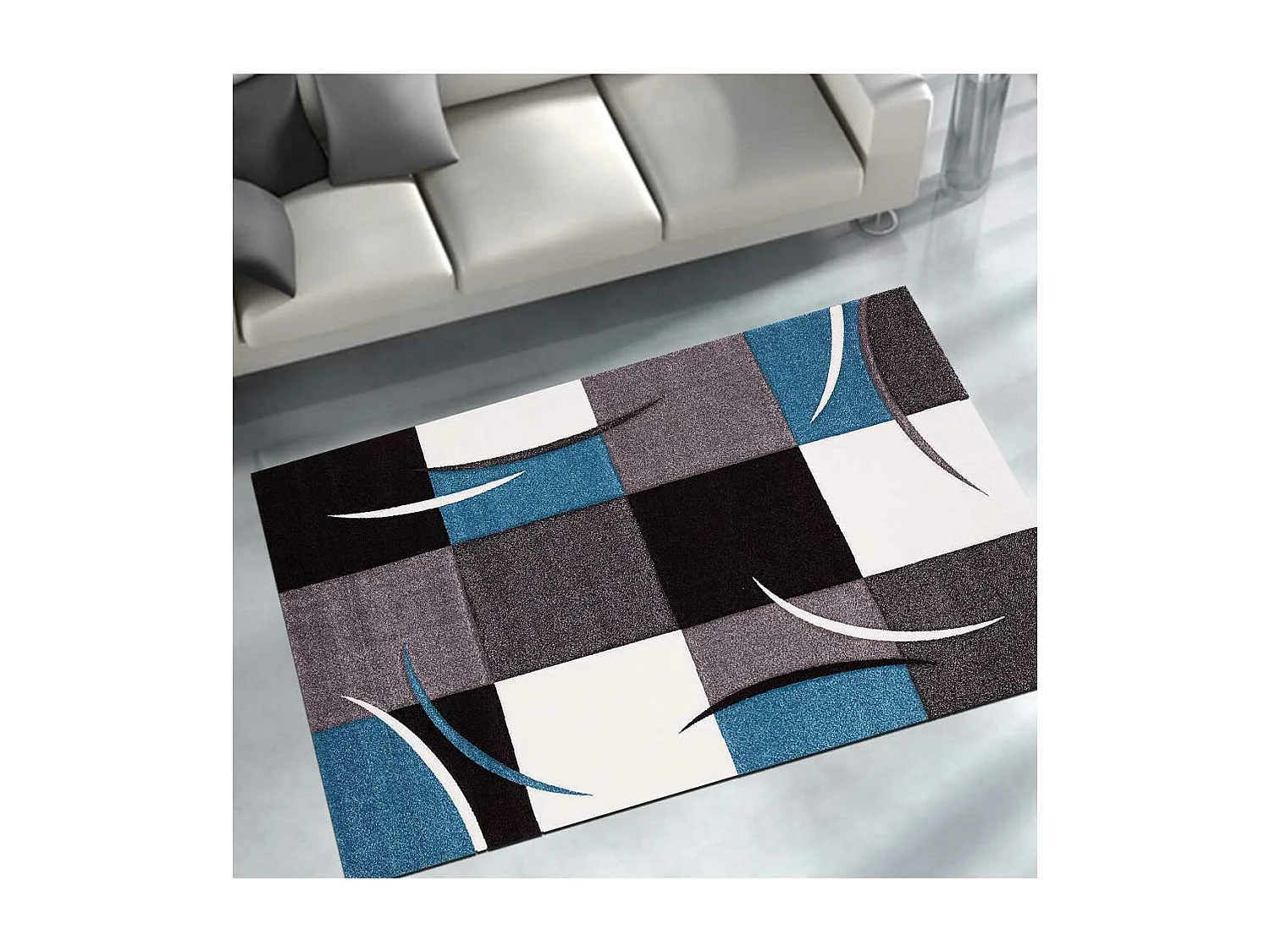 tapis salon 140x140 tissé bleu carré motif damier LYN8 COMMA