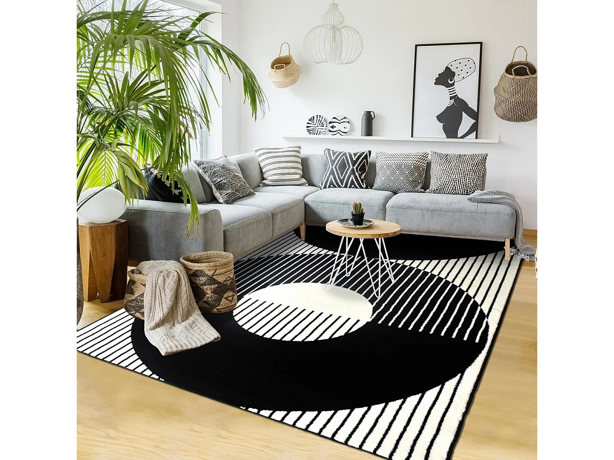 tapis chambre 80x150 tissé noir et blanc rectangle motif géométrique LYN1 VINILO