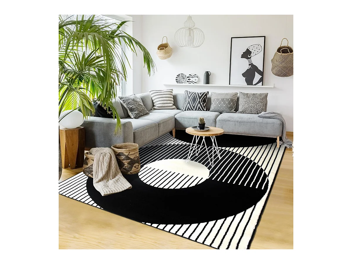 tapis chambre 80x150 tissé noir et blanc rectangle motif géométrique LYN1 VINILO