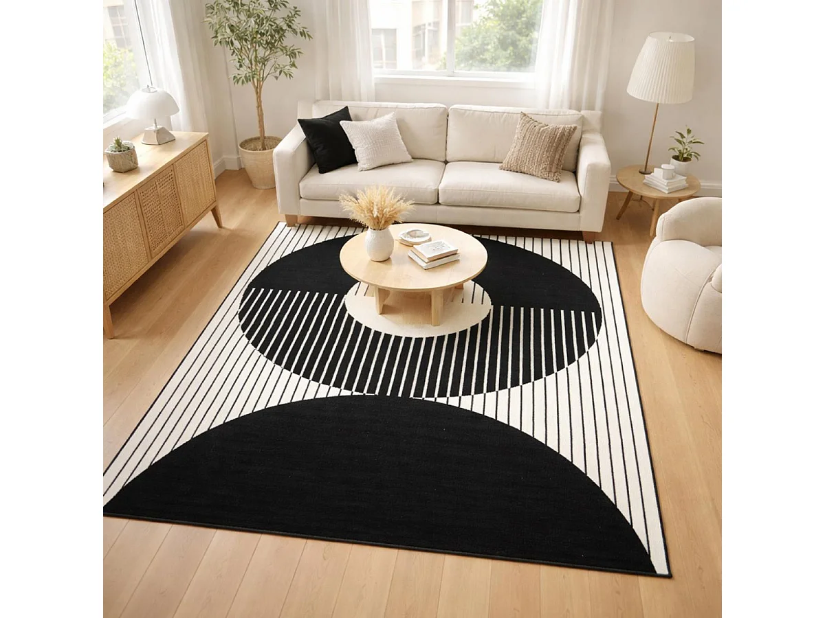 tapis chambre 80x150 tissé noir et blanc rectangle motif géométrique LYN1 VINILO