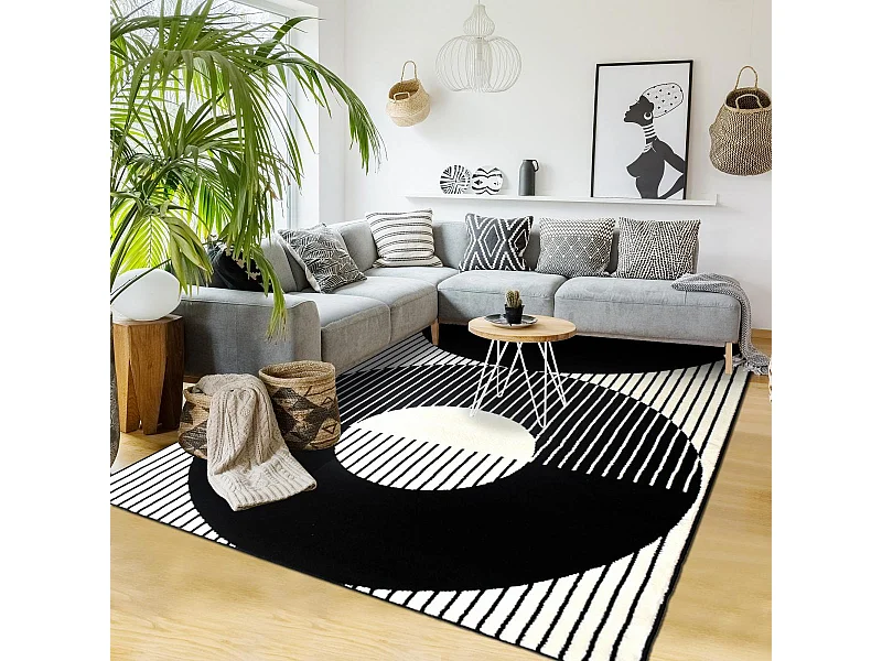 tapis chambre 80x150 tissé noir et blanc rectangle motif géométrique LYN1 VINILO
