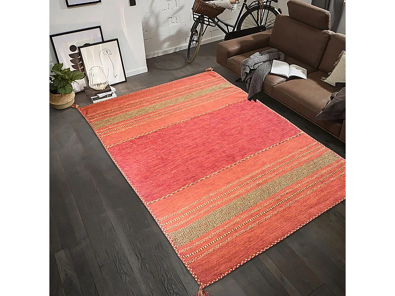 Tapis kilim 80x150 rectangle fait main en coton rouge et beige motif ethnique