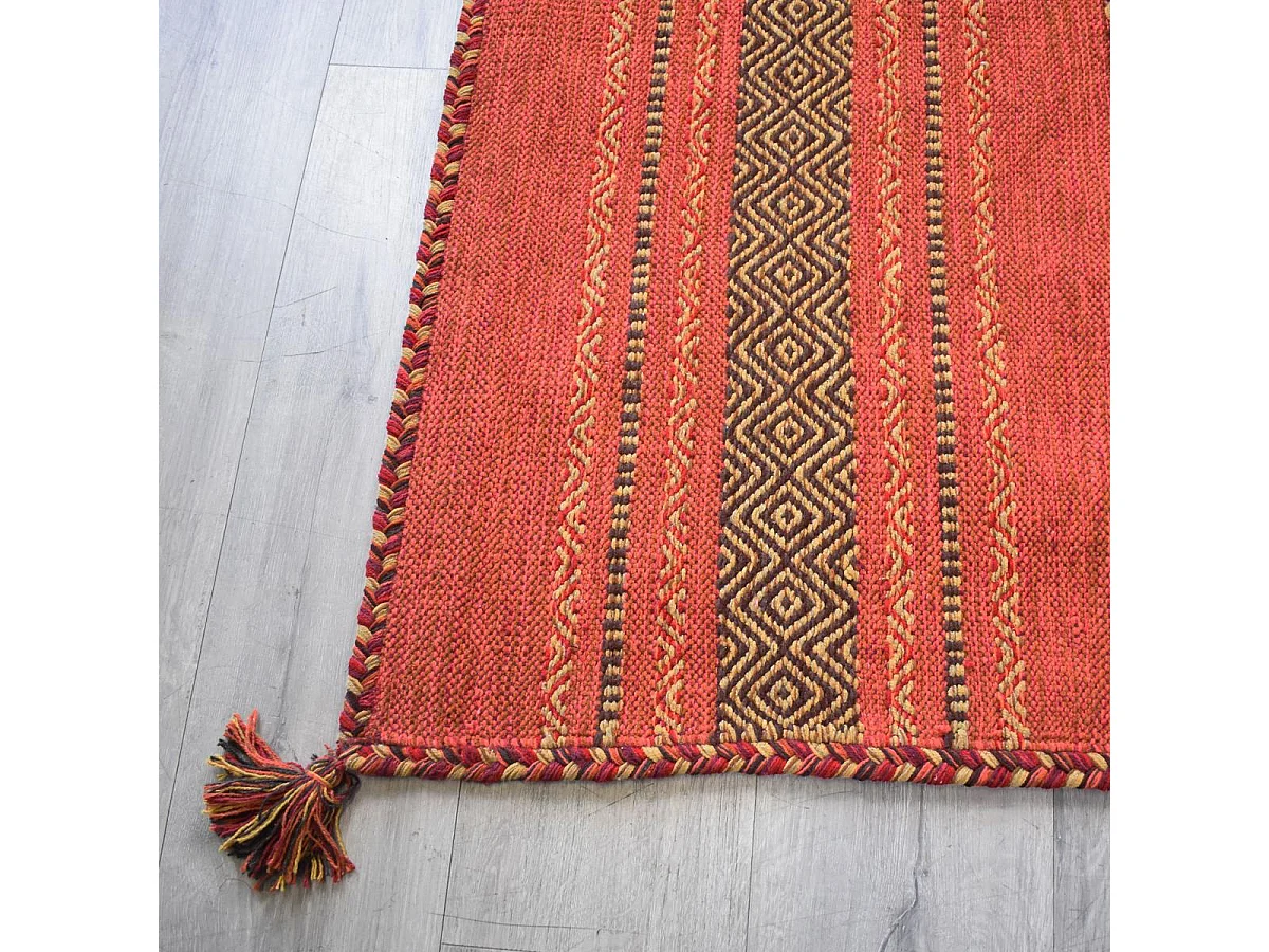 Tapis kilim 80x150 rectangle fait main en coton rouge et beige motif ethnique