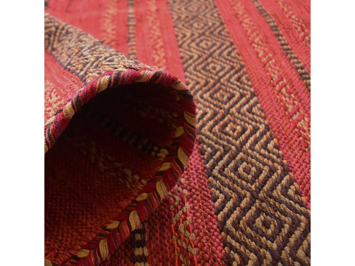 Tapis kilim 80x150 rectangle fait main en coton rouge et beige motif ethnique