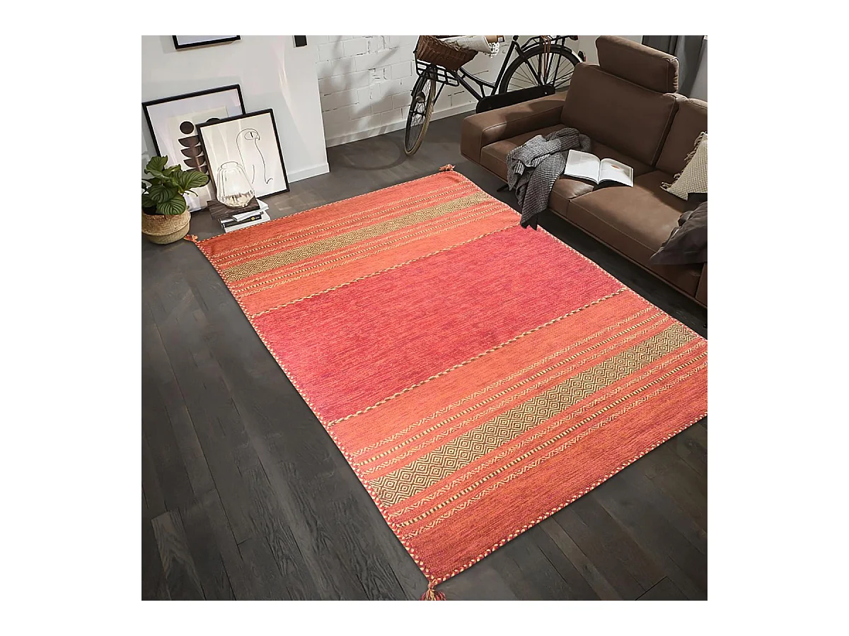 Tapis kilim 80x150 rectangle fait main en coton rouge et beige motif ethnique
