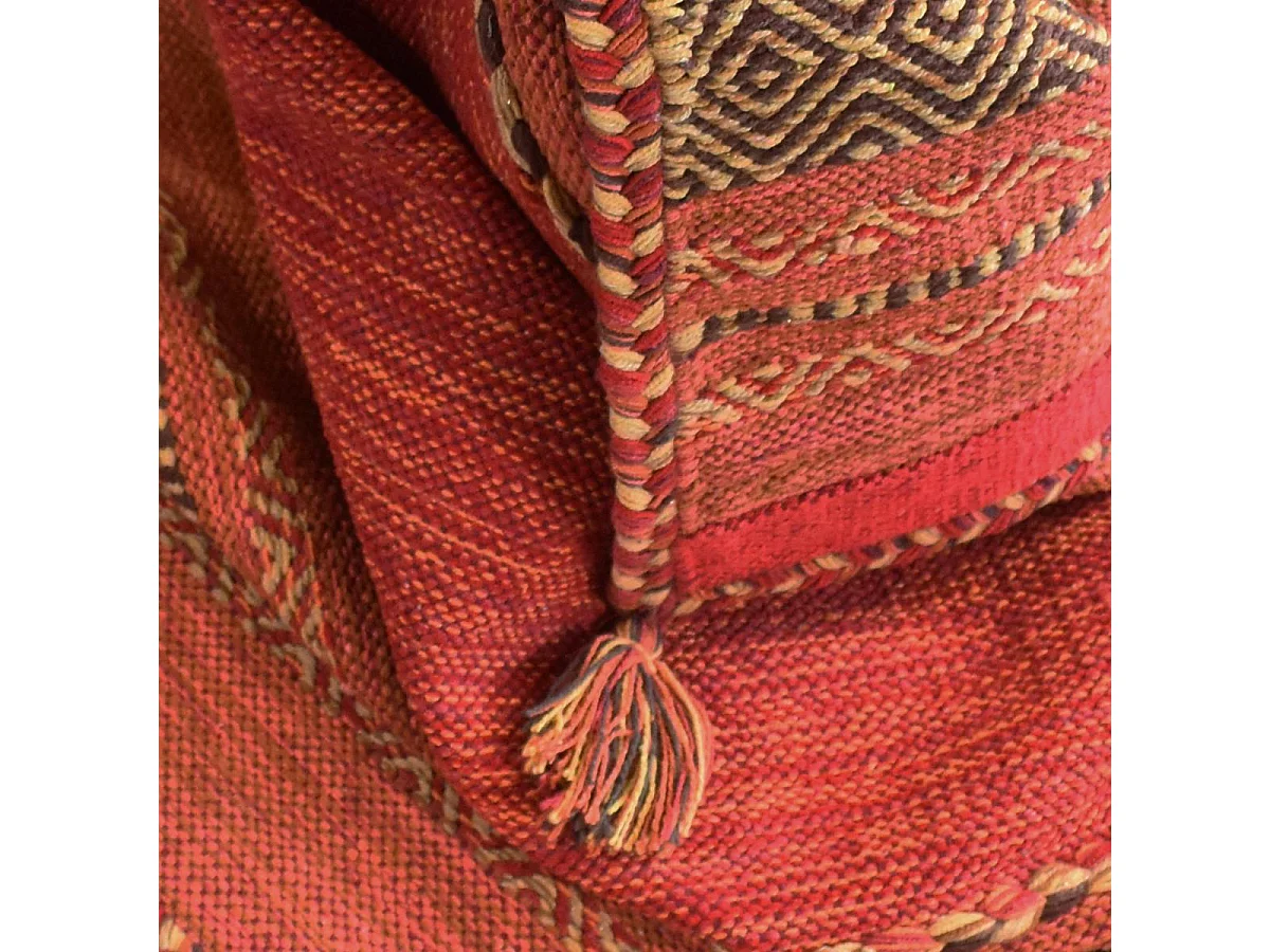 Tapis kilim 80x150 rectangle fait main en coton rouge et beige motif ethnique